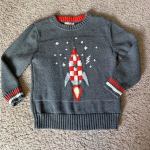 EUC Cat & Jack Gray Sweater with Red Trim Rocketship Sz 4T